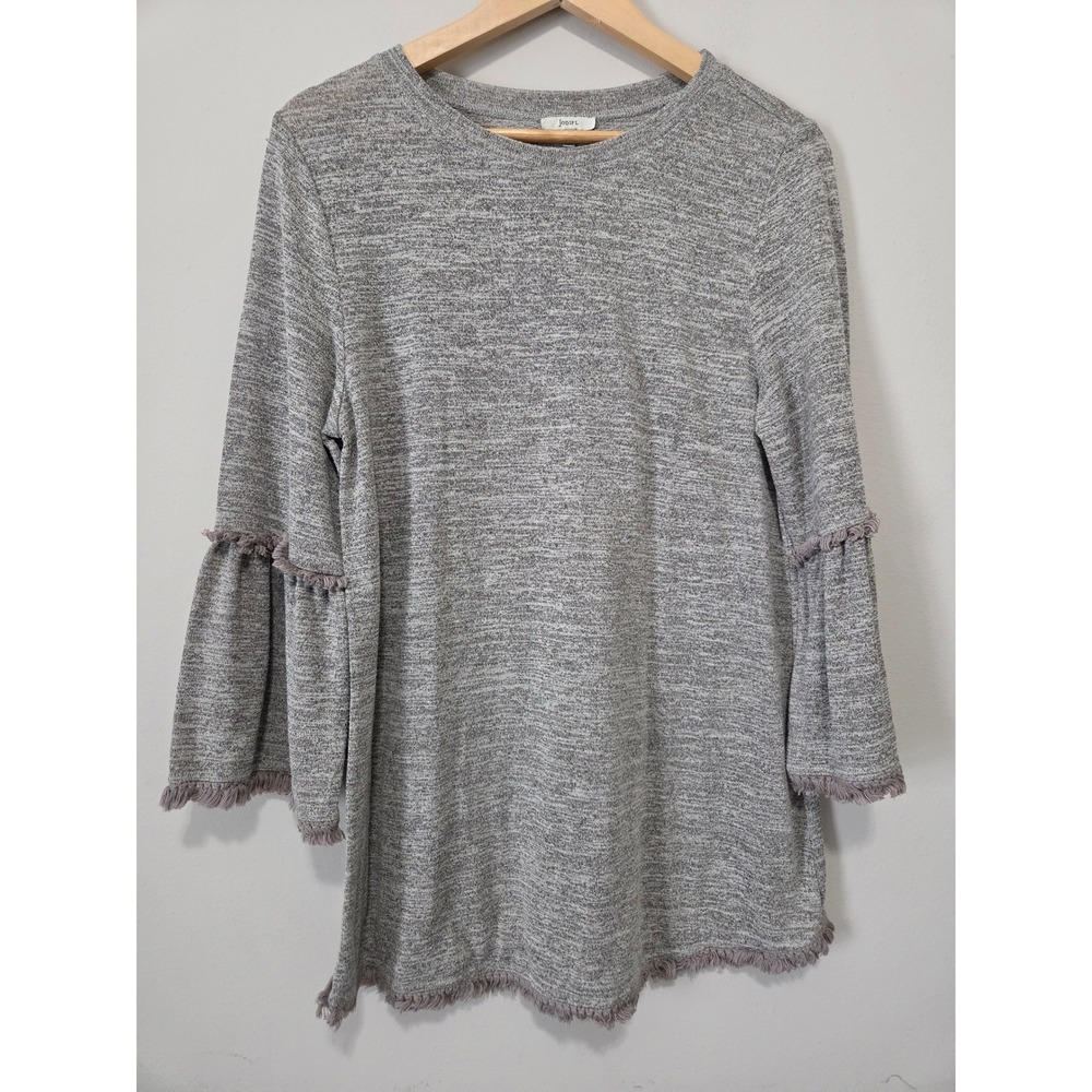 Jodifl Womens Gray Knit Tiered Bell Sleeve Fringe Trim Tunic Top Small Boho